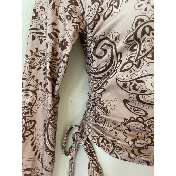 Brown Paisley Ruched Drawstring Side Long Sleeve Stretchy Crop Top Size S - Picture 5 of 7